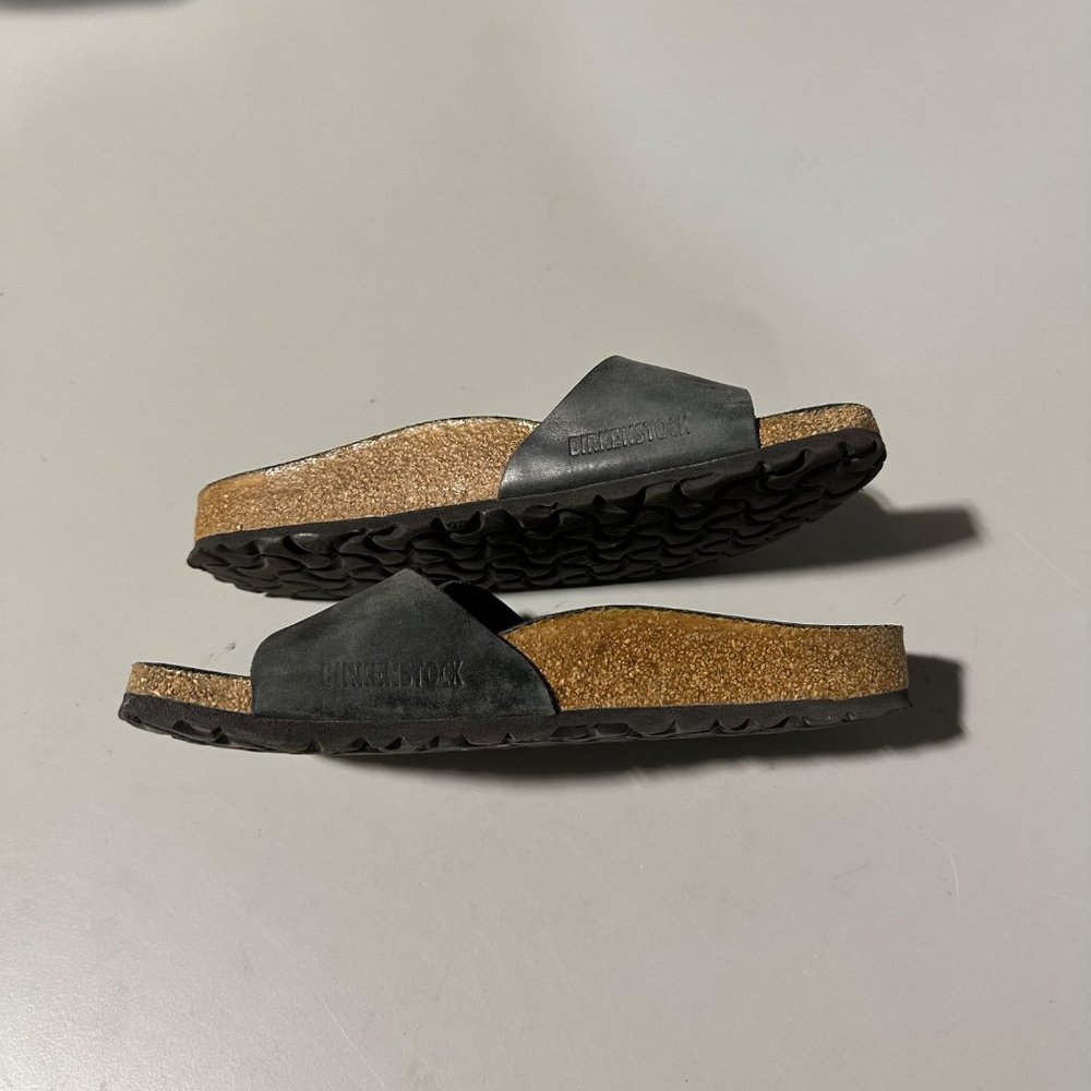 Birkenstock Black Single Strap Slide Sandal with Silver Buckle - Picture 6 of 7